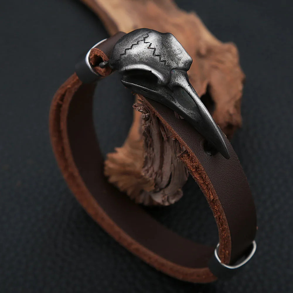 Stainless Steel Nordic Odin Crow Skull Bracelet
